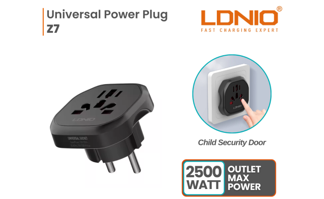LDNIO Z7 Universal Travel Adapter with Power Strip | 4-in-1 International Plug Converter (UK, US, EU, AU) | 2500W Surge Protected Power Socket | Compact & Child-Safe
