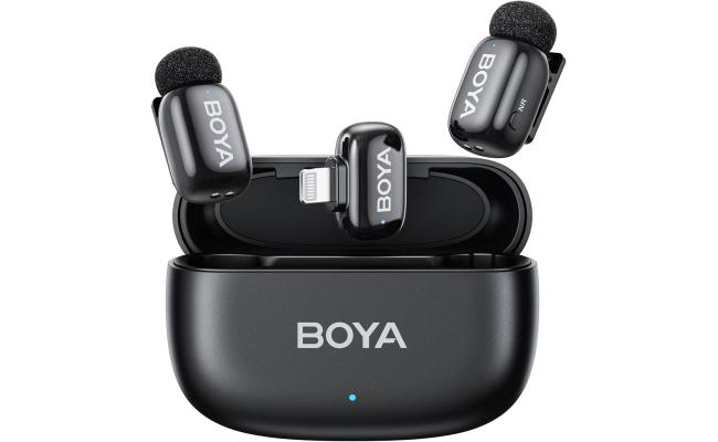 BOYA mini 2-03 (Lightning) Wireless Lavalier Microphones for iPhone 15/16/17 & Android, AI Noise Cancellation, App Control, 30H Battery Life with Charging Case, Lapel Microphone Wireless for Video Recording Vlogging , Black