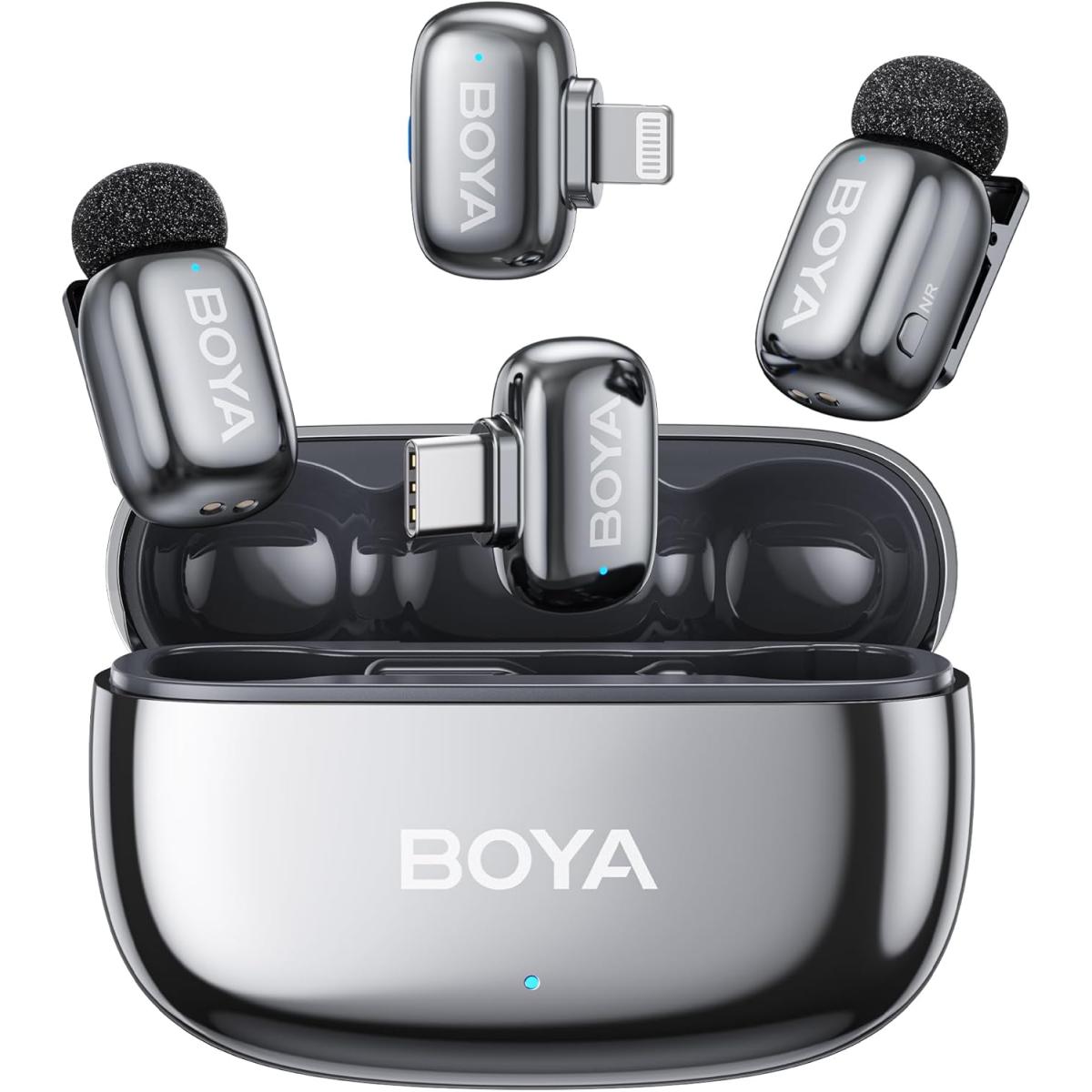 BOYA mini 2-01 (Type-C & Lightning) Wireless Microphone for iPhone & Android, AI Noise Cancellation,App Control, 48k Hz/24 Bit, 30H Battery Life with Charging Case,Lapel Microphone Wireless for Video Recording Vlog Streaming , Silver
