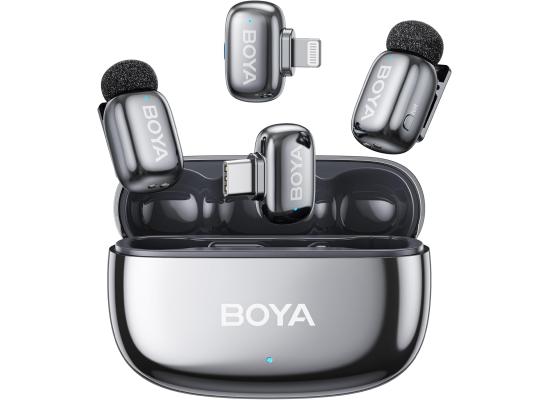 BOYA mini 2-01 (Type-C & Lightning) Wireless Microphone for iPhone & Android, AI Noise Cancellation,App Control, 48k Hz/24 Bit, 30H Battery Life with Charging Case,Lapel Microphone Wireless for Video Recording Vlog Streaming , Silver