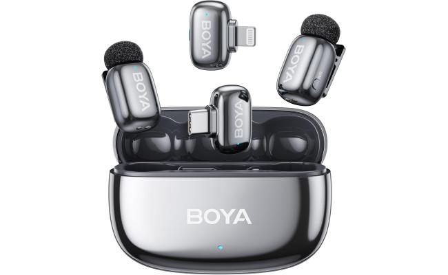 BOYA mini 2-01 (Type-C & Lightning) Wireless Microphone for iPhone & Android, AI Noise Cancellation,App Control, 48k Hz/24 Bit, 30H Battery Life with Charging Case,Lapel Microphone Wireless for Video Recording Vlog Streaming , Silver