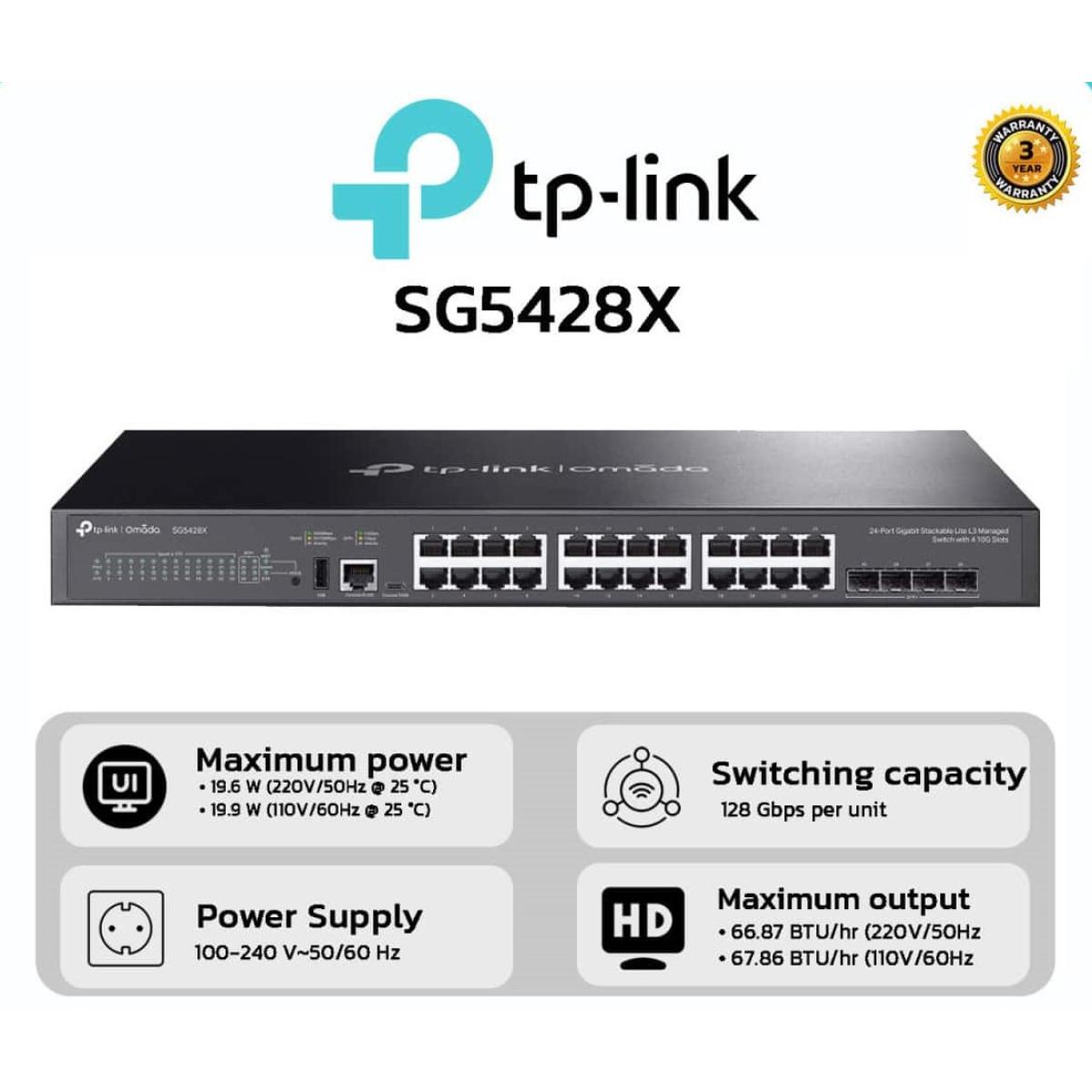 TP-Link TL-SG3428X | Jetstream 24 Port Gigabit Switch, 4 x 10GE SFP+ Slots | L2+ Smart Managed | Omada SDN Integrated | IPv6 | Static Routing | Support QoS, IGMP & LAG