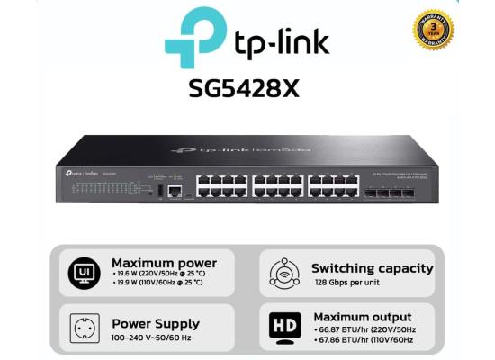 TP-Link TL-SG3428X | Jetstream 24 Port Gigabit Switch, 4 x 10GE SFP+ Slots | L2+ Smart Managed | Omada SDN Integrated | IPv6 | Static Routing | Support QoS, IGMP & LAG