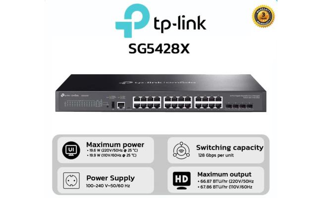 TP-Link TL-SG3428X | Jetstream 24 Port Gigabit Switch, 4 x 10GE SFP+ Slots | L2+ Smart Managed | Omada SDN Integrated | IPv6 | Static Routing | Support QoS, IGMP & LAG