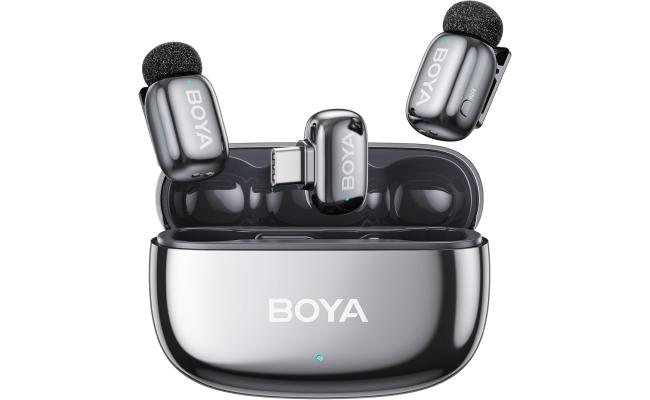 BOYA mini 2-02 (Type-C) Wireless Lavalier Microphones for iPhone 15/16/17 & Android, AI Noise Cancellation, App Control, 30H Battery Life with Charging Case, Lapel Microphone Wireless for Video Recording Vlogging , Silver
