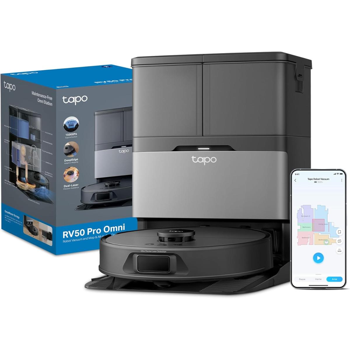 Tapo RV50 Pro Omni 15000Pa Suction Robot Vacuum Cleaner with Mop, All-in-One Dock(60\u00b0C Hot Water Wash\/Dry), Auto Mop Removal & Hair Cutting Brush, DeepEdge Cleaning, Dual-Laser, Robot Hoover, Alexa