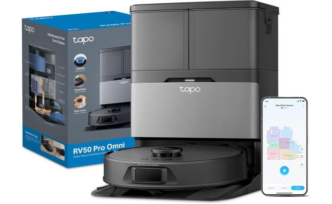 Tapo RV50 Pro Omni 15000Pa Suction Robot Vacuum Cleaner with Mop, All-in-One Dock(60°C Hot Water Wash/Dry), Auto Mop Removal & Hair Cutting Brush, DeepEdge Cleaning, Dual-Laser, Robot Hoover, Alexa