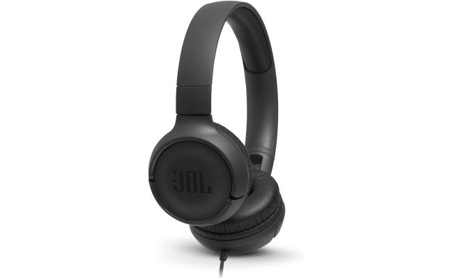 JBL Tune 500 Wired On-Ear Headphones, Deep JBL Pure Bass Sound, 32 mm Drivers, 1-Button Remote/Mic, Foldable Design, Hands-Free Calling, Tangle-Free Flat Cable, Voice Assistant - Black