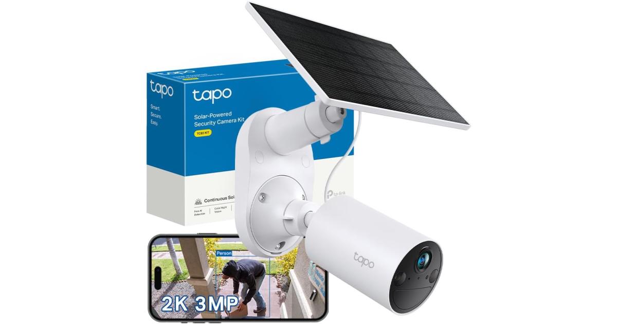 Tp-Link Tapo TC82 KIT 2K 3MP كاميرا أمان تعمل بالطاقة الشمسية في الهواء الطلق، خالية من الصيانة، رؤية ليلية ملونة، كاميرا خارجية بدون رسوم شهرية، اكتشاف ذكي للأشخاص، IP65، تعمل مع Alexa & Google