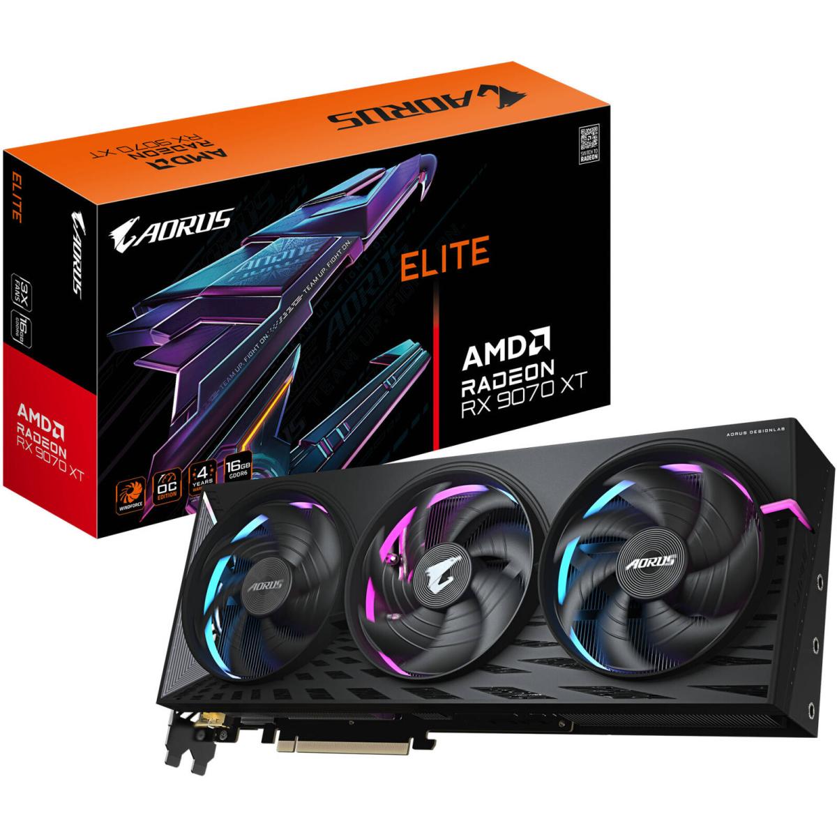 GIGABYTE AORUS Radeon RX 9070 XT ELITE Graphics Card, 16GB GDDR6 256-Bit Memory, 3100 MHz Boost Clock, 20 Gbps Memory Clock, 4096 Stream Processor, PCI-Express 5.0