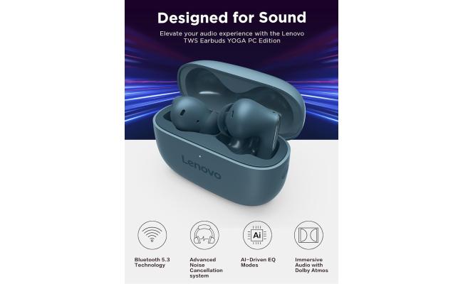 Lenovo TWS Earbuds Yoga PC Edition Tidal Teal Active Noise Cancellation Bluetooth 5.3 Wireless Earbuds ENC 3-Mic Clear Calls AI EQ Mode Switch for Gaming, Movies, Music, and Meetings