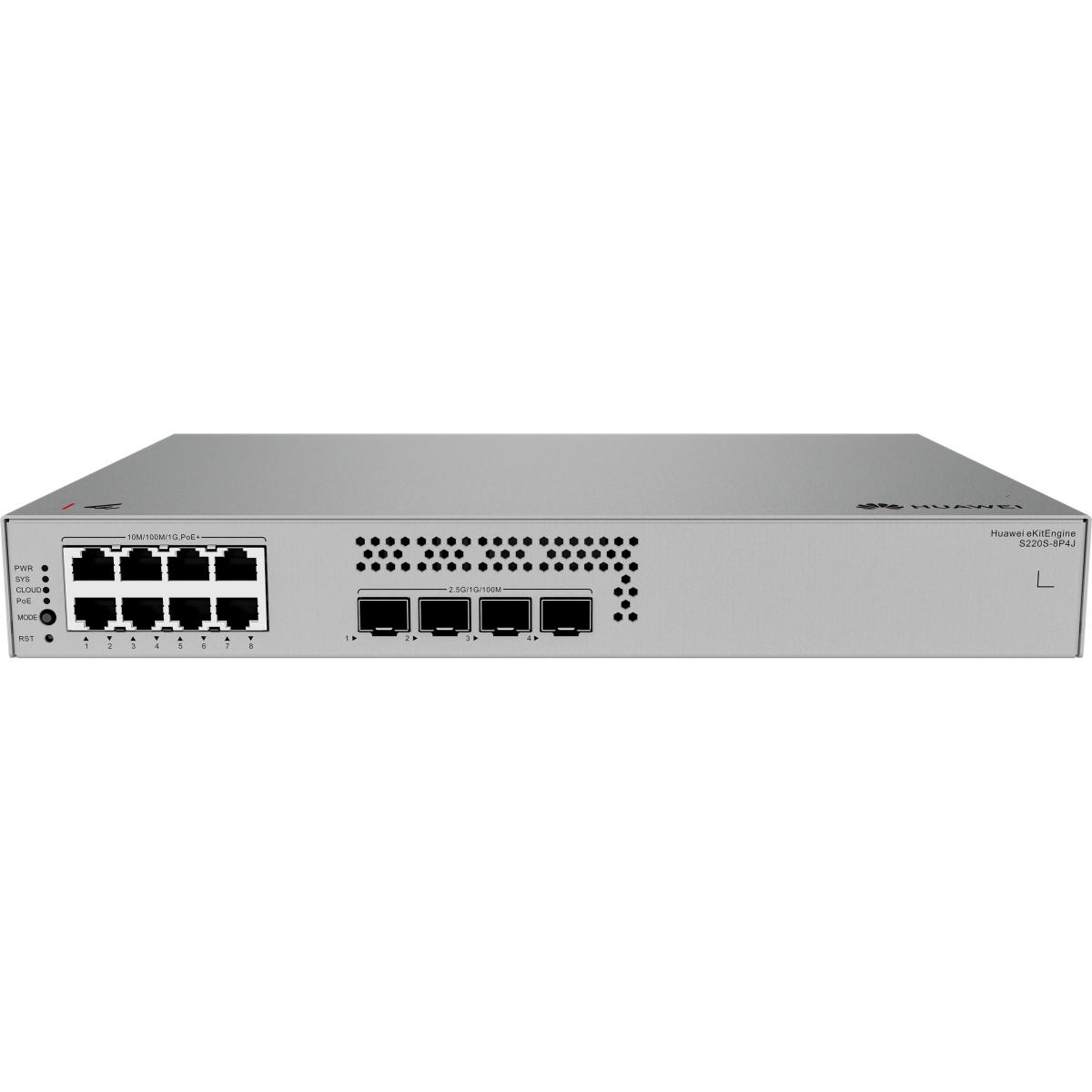 Huawei EKit S220S-8P4J 8 Ports 10\/100\/1000 BASE-T (128 W PoE+), 4 Ports 2.5GE SFP Ports, Built-in AC power, Fanless