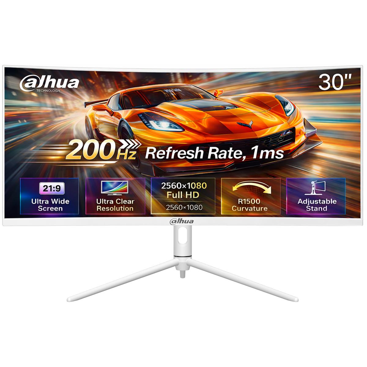 Dahua LM30-E330CW Gaming Curved Monitor, 30" WFHD VA, 200Hz Refresh Rate, 1ms (MPRT), 1500R Curvature, Adaptive-Sync Technology, w\/ 2x HDMI & 2x Display Ports, White
