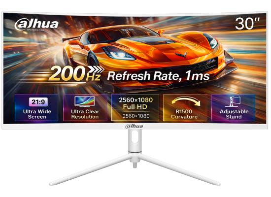 Dahua LM30-E330CW Gaming Curved Monitor, 30" WFHD VA , 200Hz Refresh Rate, 1ms (MPRT) , 1500R Curvature, Adaptive-Sync Technology, w/ 2x HDMI & 2x Display Ports , White
