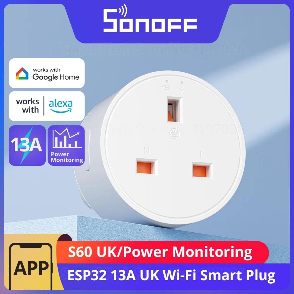 SONOFF S60 13A UK WiFi Smart Plug Socket Mini with Energy Monitoring, Remote Control, Smart Scheduling, Works with Alexa\/Google Home\/IFTTT, 2.4 GHz, No Hub Required