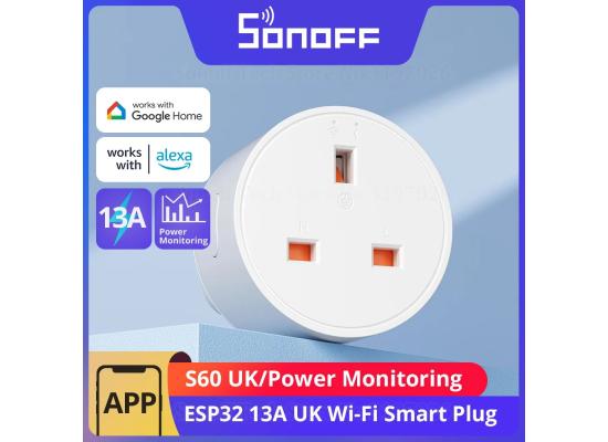 SONOFF S60 13A UK WiFi Smart Plug Socket Mini with Energy Monitoring, Remote Control, Smart Scheduling, Works with Alexa/Google Home/IFTTT, 2.4 GHz, No Hub Required