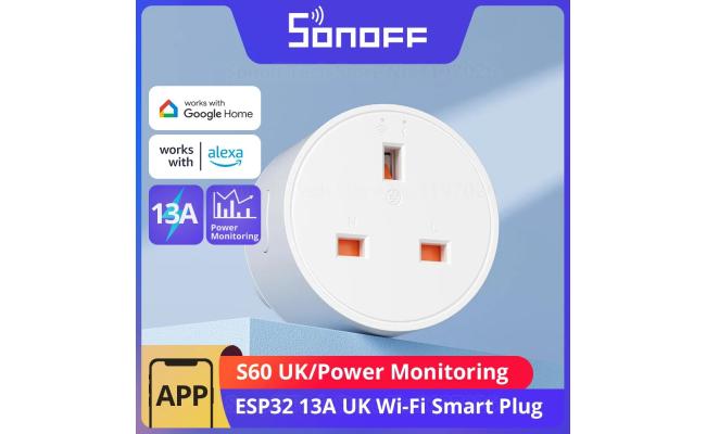 SONOFF S60 13A UK WiFi Smart Plug Socket Mini with Energy Monitoring, Remote Control, Smart Scheduling, Works with Alexa/Google Home/IFTTT, 2.4 GHz, No Hub Required