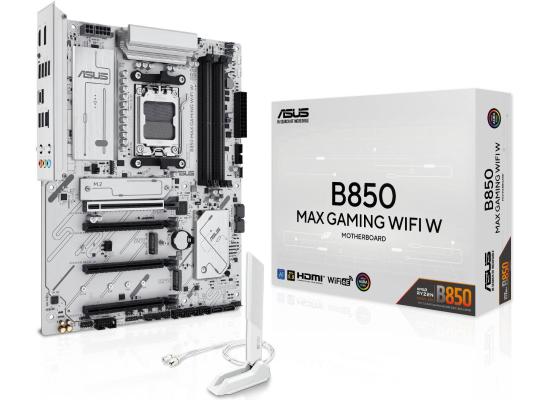 ASUS B850 MAX Gaming WIFI AM5 ATX Motherboard, AMD B850 Chipset, 4x DIMM DDR5 Slots, Up to 256GB Max Memory, 1x PCIe 5.0 x16, 3x M.2 Slots, Wi-Fi 6E & BT 5.3, White