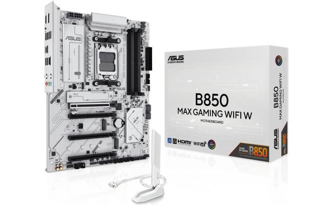 ASUS B850 MAX Gaming WIFI AM5 ATX Motherboard, AMD B850 Chipset, 4x DIMM DDR5 Slots, Up to 256GB Max Memory, 1x PCIe 5.0 x16, 3x M.2 Slots, Wi-Fi 6E & BT 5.3, White