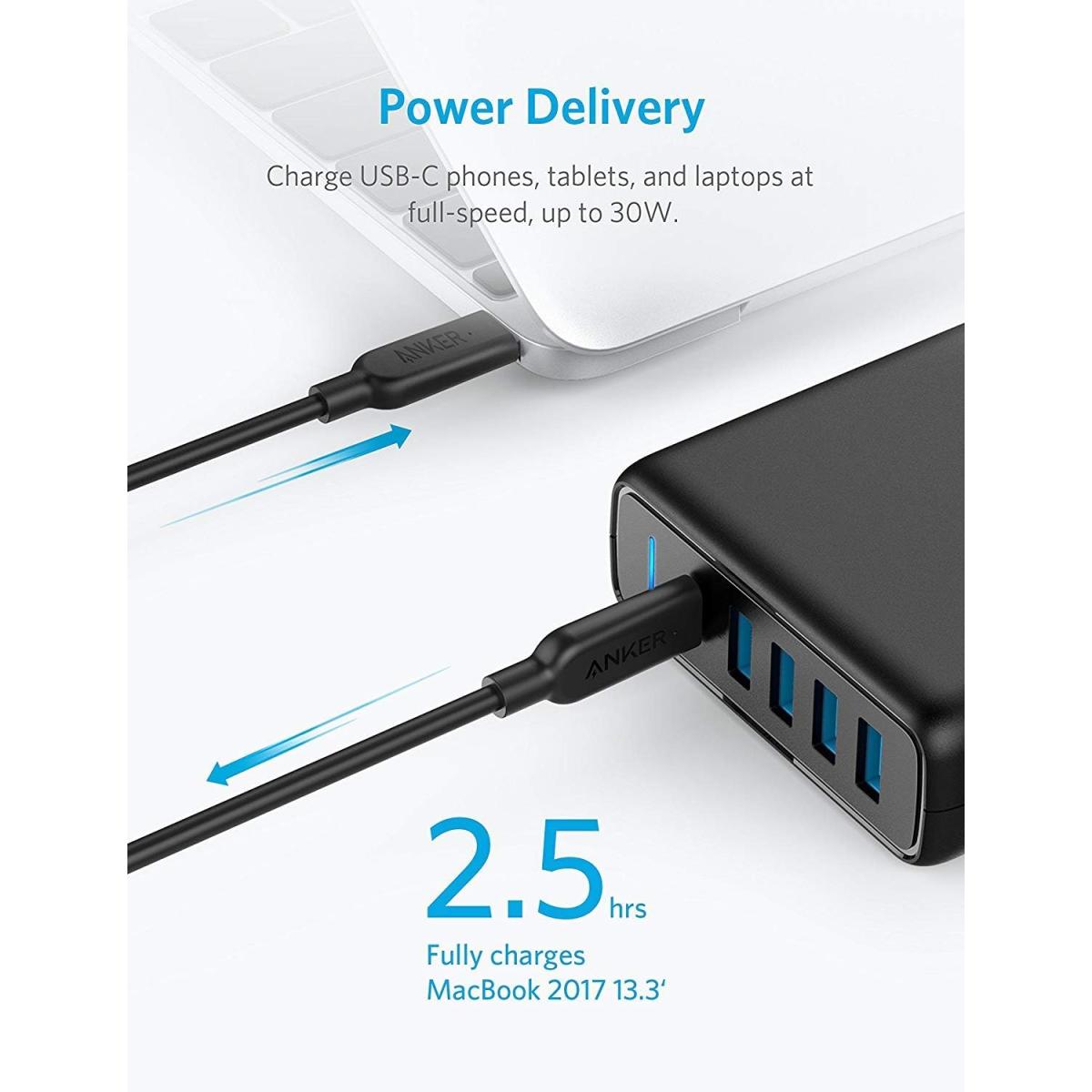 Anker PowerPort 60W 5-Port Desktop Charger, with One 30W Power Delivery ...