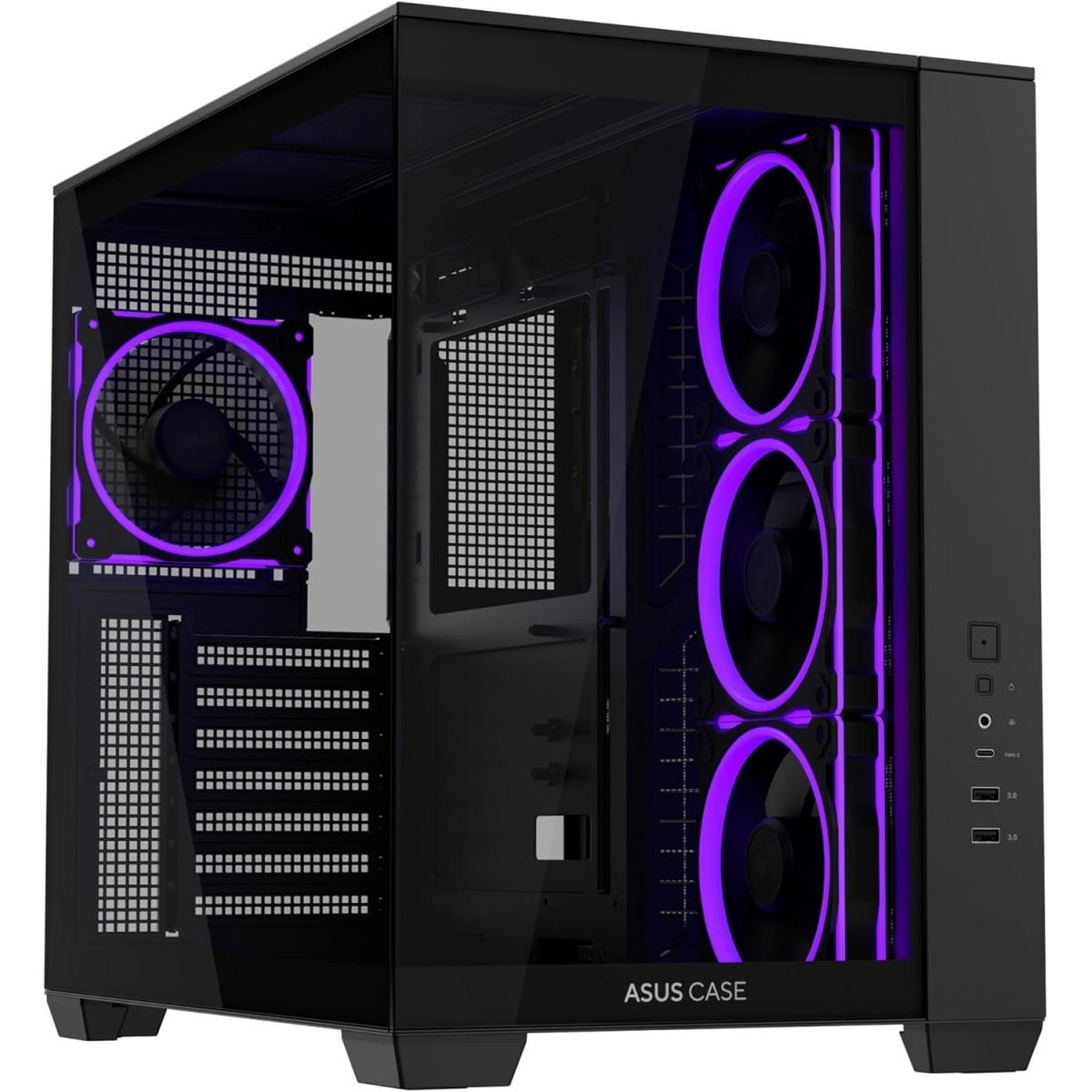ASUS A32 PLUS ATX Computer Case, 4x Pre-Installed aRGB Fans, Up to 360mm Radiator & 10x 120mm Fan Support, 270\u00b0 Panoramic View, Detach Side Panels, Black