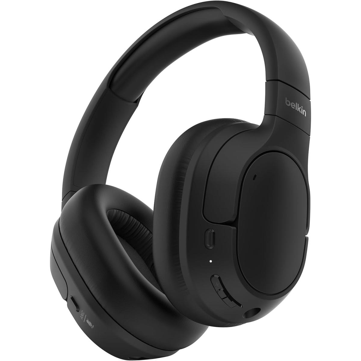 Belkin SoundForm Isolate Active Noise-Cancelling Wireless Headphones, over ear headphones with mic, Bluetooth headphones with 60H playtime, deep bass, CloudCushion ear cups for travel, home, office - Black