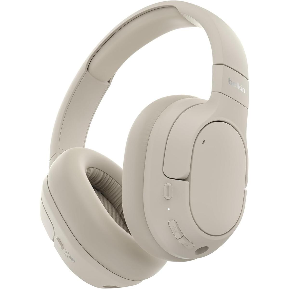 Belkin SoundForm Isolate Active Noise-Cancelling Wireless Headphones, over ear headphones with mic, Bluetooth headphones with 60H playtime, deep bass, CloudCushion ear cups for travel, home, office - White