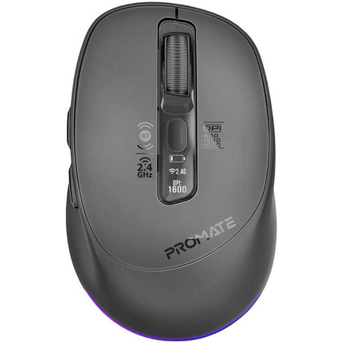 Promate Blix-3M Computer Mouse, Adjustable 1600DPI Sensor, 7D Silent Precision, OLED Smart Display, RGB Ambient Lighting, Rechargeable Battery, Bluetooth 5.1, Black