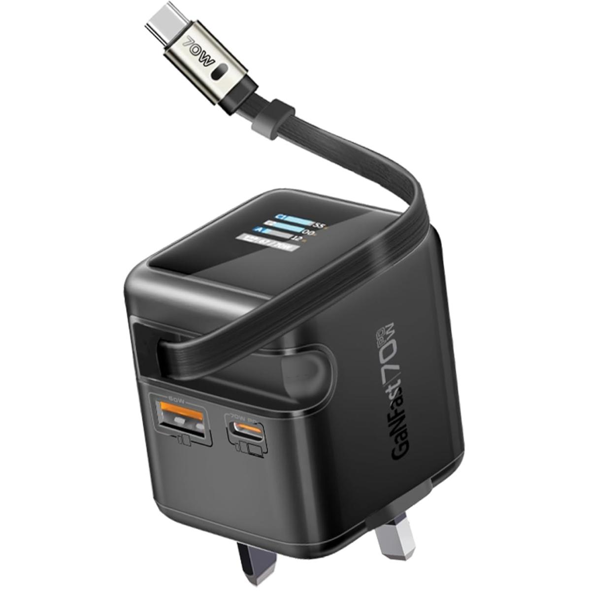 Promate Cubix-R70 70W GaNFast Charger with Retractable 80cm USB-C Cable, Dual USB-C PD 70W, USB-A 60W Port, 1.14” TFT Smart Display, UK Plug, Compact Wall Adapter for MacBook, iPhone 17, Galaxy Black