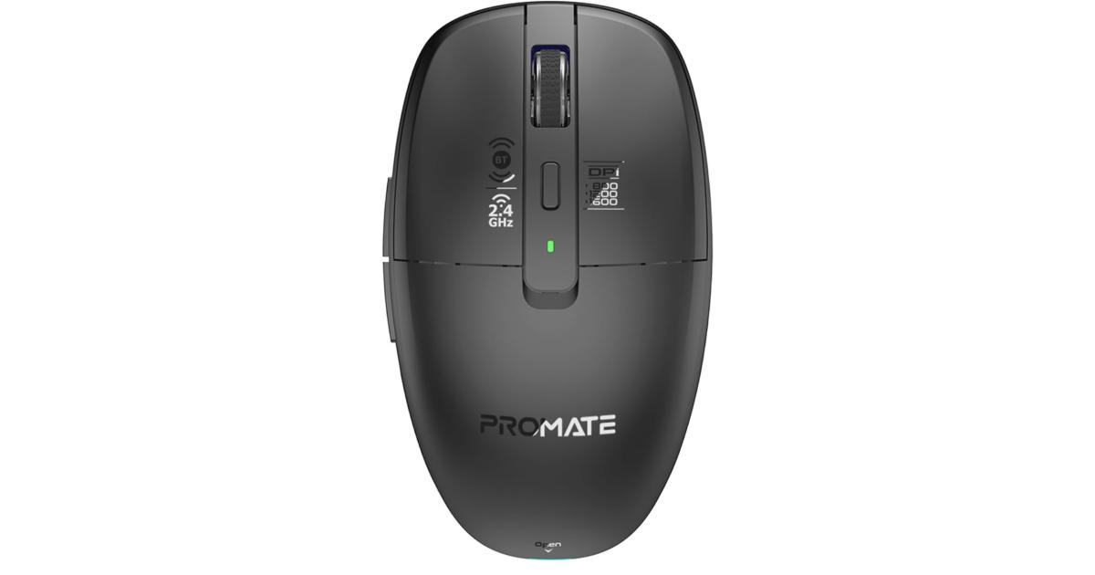 ماوس لاسلكي Promate Flixi Triple Mode with Bluetooth 5.1, Dual 2.4GHz USB-A & USB-C Dongles, 800/1200/1600 DPI, Silent Clicks, 500mAh Battery, 7-Color LED, Type-C Charging, 10m Range - Black