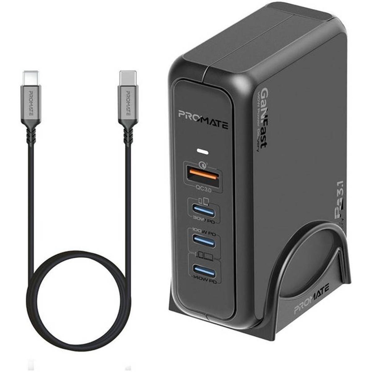 Promate GaNPort-140W Super-Speed GaNFast Charging Station with Power Delivery 3.1 & Quick Charge 3.0, Adaptive Fast Charging, Safety Protection, AC Power Cord, Black