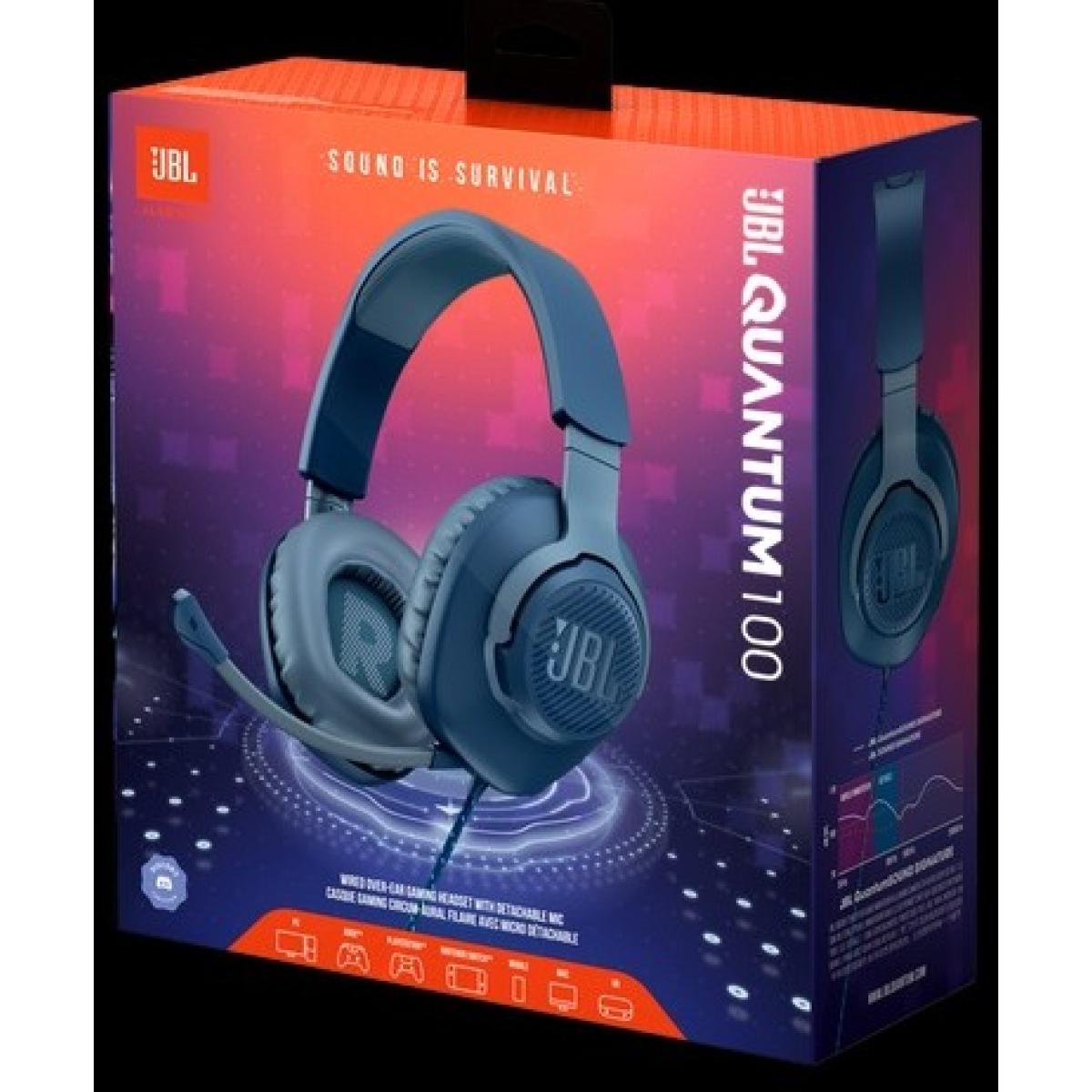 JBL Quantum 100 Wired Over-Ear Gaming Headset with a Detachable Voice-Focus Boom Mic, QuantumSOUND Signature, Lightweight Headband, Memory Foam Ear Cushion, PC and Gaming Console Compatible - Blue