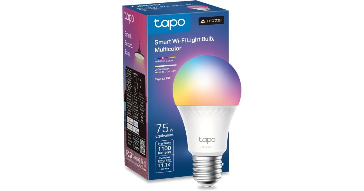 TP-Link Tapo L535E Smart Light Bulbs, 1100 Lumens High Brightness(75W Equivalent), Matter-Certified, 16M Colors RGBW LED Bulb, Dimmable, CRI>90, Voice Control w/Siri, Alexa & Google Home