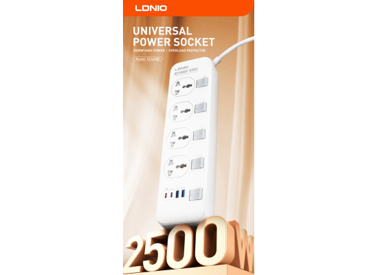 LDNIO SC4408C Overload Protector Electric Extension Socket Universal Plug Type Power Strip with 4 USB Ports Socket - White