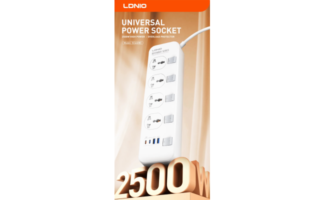LDNIO SC4408C Overload Protector Electric Extension Socket Universal Plug Type Power Strip with 4 USB Ports Socket - White