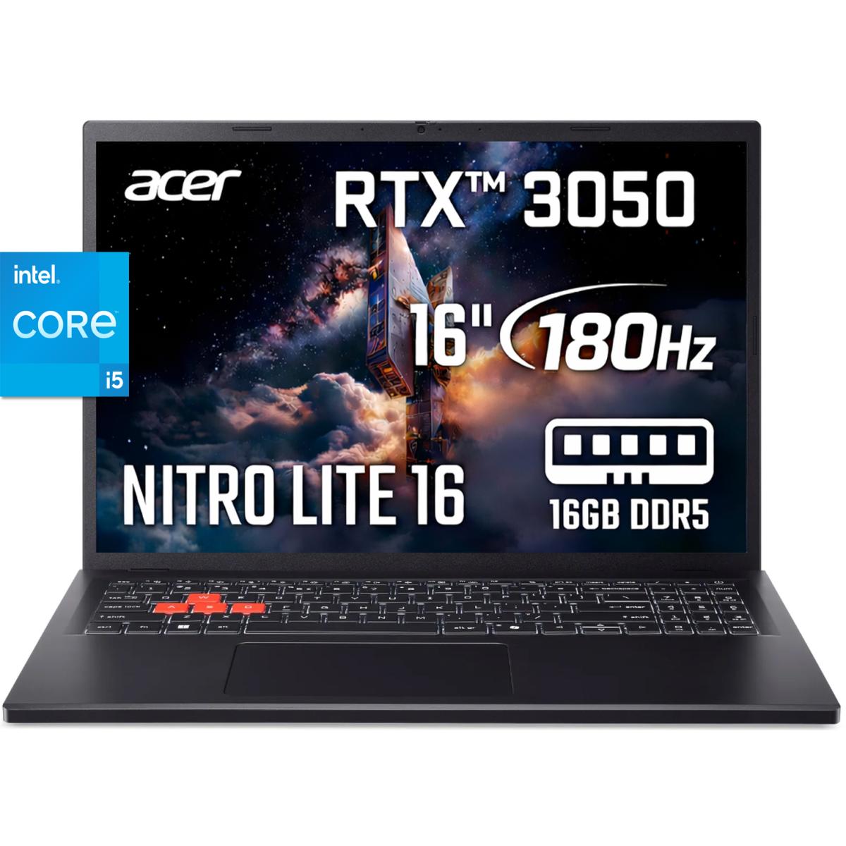Acer Nitro Lite 16 (2025) NL16-71G-56UX 13Gen Intel Core i5 10-Cores w\/ DDR5 Memory & Nvidia RTX 3050 6GB & 180 Hz Display - Black