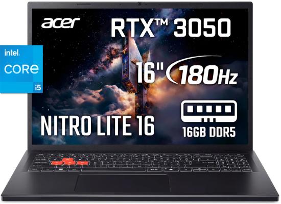 Acer Nitro Lite 16 (2025) NL16-71G-56UX 13Gen Intel Core i5 10-Cores  w/ DDR5 Memory & Nvidia RTX 3050 6GB & 180 Hz Display - Black