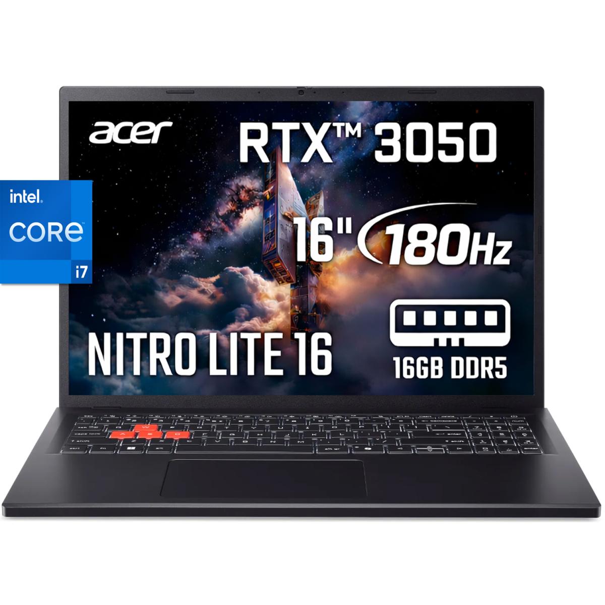 Acer Nitro Lite 16 (2025) NL16-71G-76UF 13Gen Intel Core i7 10-Cores w\/ DDR5 Memory & Nvidia RTX 3050 6GB & 180 Hz Display - Black