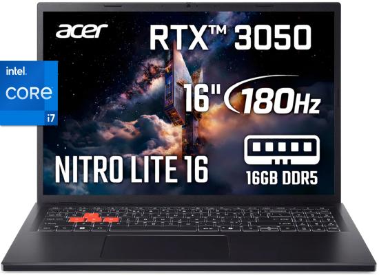 Acer Nitro Lite 16 (2025) NL16-71G-76UF 13Gen Intel Core i7 10-Cores  w/ DDR5 Memory & Nvidia RTX 3050 6GB & 180 Hz Display - Black