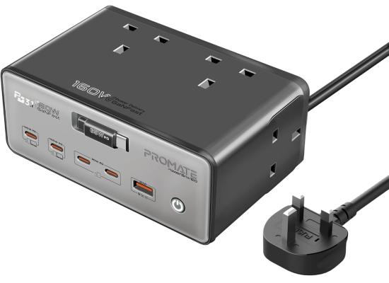 Promate PowerBrix-160 GaNFast 160W Charging Hub, Quad 3250W AC Sockets, 140W PD3.1 Usb-c, 100W USB-C, Dual 30W USB-C PD, 30W USB-A, Retractable Cable, 3m Power Cord - Gray product thumbnail 2