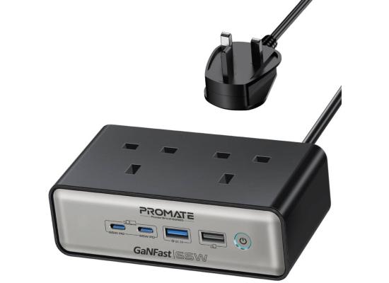 Promate PowerBrix2-GaN65 65W Power Delivery GaNFast Charging Station with 3250W Dual AC Socket, GaN Technology, Dual USB Port, Multi Protection System, Black | PowerBrix2-GaN65 - Black product thumbnail 2