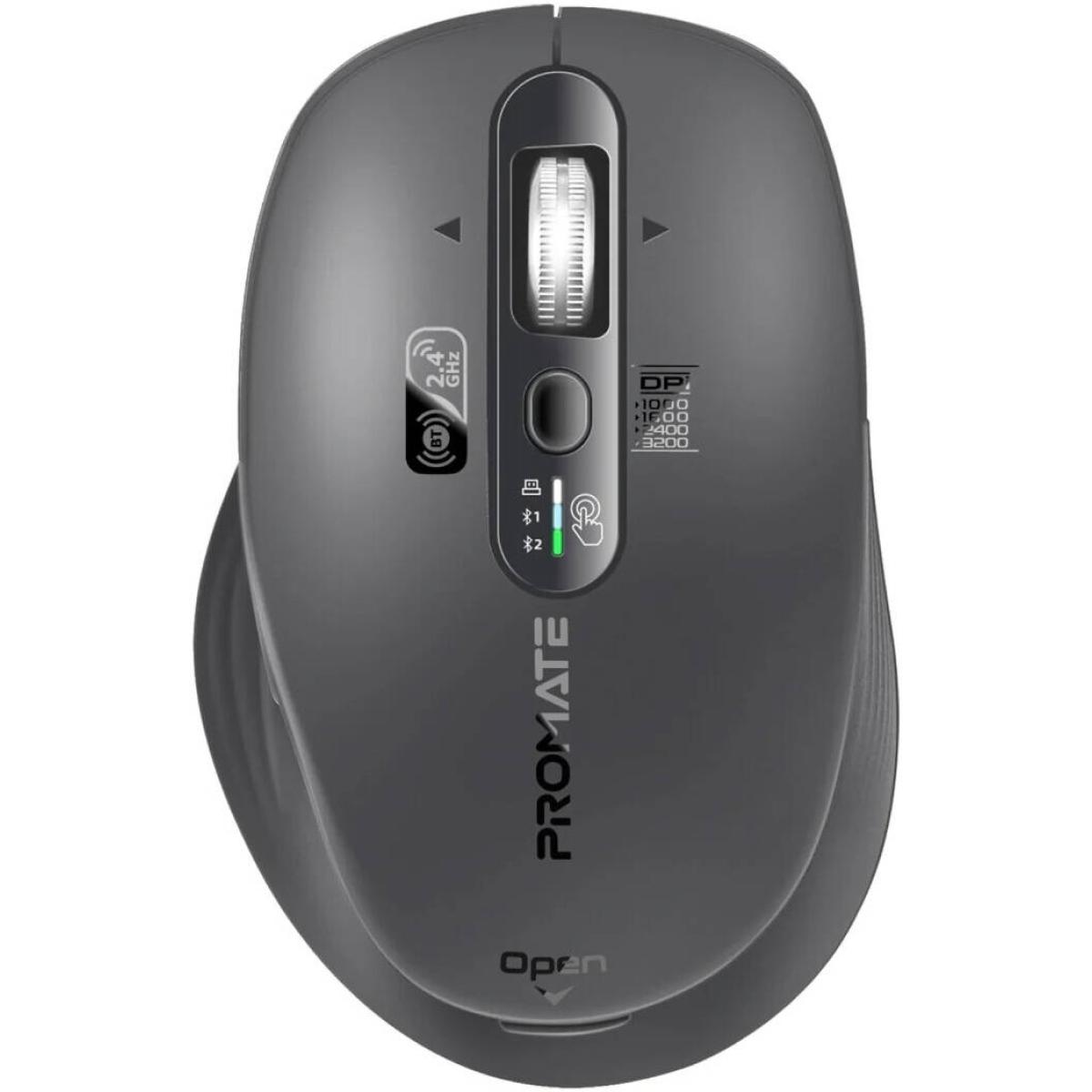 Promate SamoTri Wireless Mouse, 3200DPI Adjustable Resolution, Silent Operation, Smart Flying Scroll Wheel, 4-Way Navigation, OS Auto-Recognition, Tri-Connectivity, Bluetooth 5.0, Black