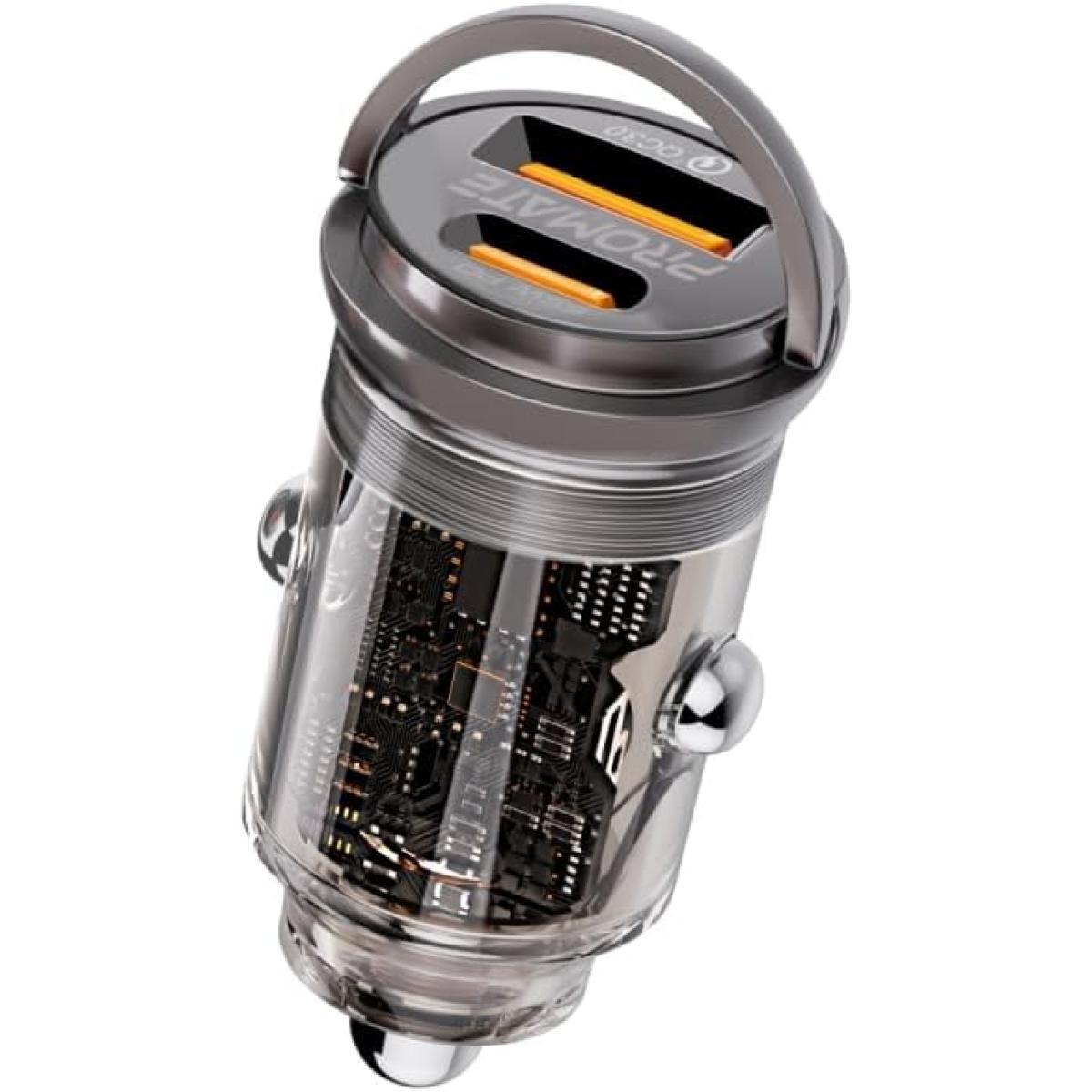 Promate Car Charger, Transparent 65W Ultra-Compact Car Adapter with USB Type-C Power Delivery Port, USB-A Port, Mini Handle and Heat Protection compatible for iPhone 17, Galaxy 23