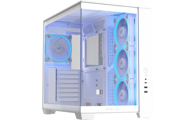 ASUS A32 PLUS ATX Computer Case, 4x Pre-Installed aRGB Fans, Up to 360mm Radiator & 10x 120mm Fan Support, 270° Panoramic View, Detach Side Panels, White