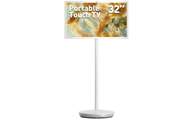 32-Inch Full HD Portable Smart Screen with Stand, Wireless Touch Monitor up to 5-Hour Battery, Android 12, 6GB RAM + 64GB Storge, Full-Motion Mount for Streaming, Work, and Multi-Purpose Use - White