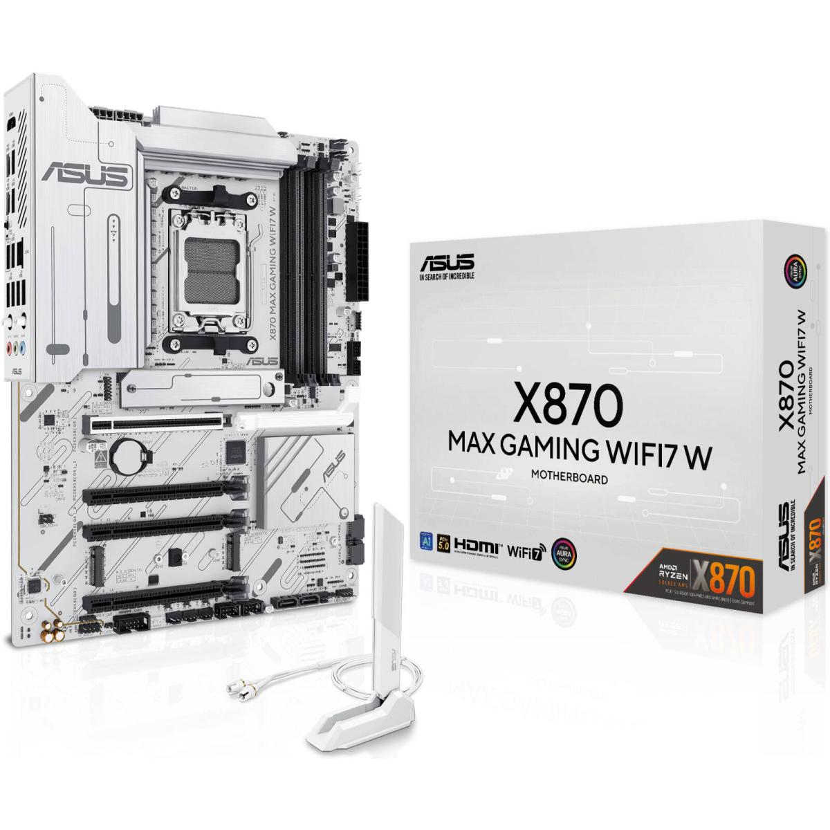ASUS X870 MAX GAMING WIFI7 W AM5 ATX Motherboard, AMD X870 Chipset, 4x DDR5 DIMM Slots, Up to 256GB Max Memory, 1x PCIe 5.0 x16, 3x M.2 Slots, Wi-Fi 7 & Bluetooth v5.4, White