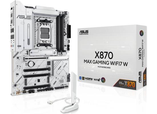 ASUS X870 MAX GAMING WIFI7 W AM5 ATX Motherboard, AMD X870 Chipset, 4x DDR5 DIMM Slots, Up to 256GB Max Memory, 1x PCIe 5.0 x16, 3x M.2 Slots, Wi-Fi 7 & Bluetooth v5.4, White