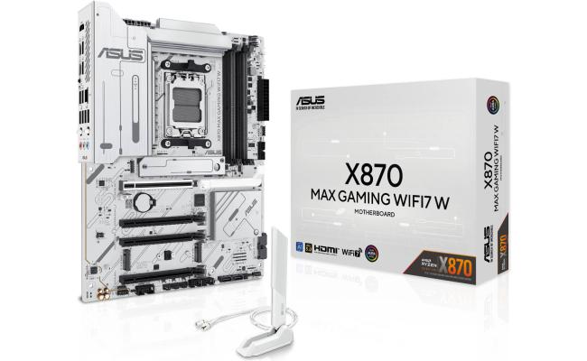 ASUS X870 MAX GAMING WIFI7 W AM5 ATX Motherboard, AMD X870 Chipset, 4x DDR5 DIMM Slots, Up to 256GB Max Memory, 1x PCIe 5.0 x16, 3x M.2 Slots, Wi-Fi 7 & Bluetooth v5.4, White