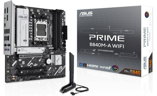 ASUS PRIME B840M-A WiFi AM5 Micro-ATX Motherboard, AMD B840 Chipset, 4x DIMM DDR5 Slot, Up to 192GB Max Memory, 1x PCIe 4.0 x16 SafeSlot Core+, 3x M.2 Slots, Wi-Fi & BT Connectivity