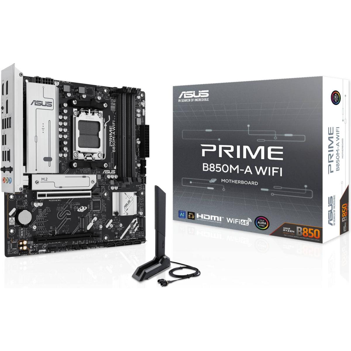 ASUS PRIME B850M-A WIFI mATX AMD Motherboard, AMD B850 Chipset, 4x DDR5 DIMM Slots, 256GB Max Memory, Supports 3 x M.2 Slots & 4 x SATA 6Gb\/s Ports, Wi-Fi 6E & BT 5.3